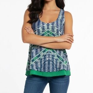 Anthropologie Tank Maeve Blouse Sleeveless Layered Ikat Blue Green Print SMALL